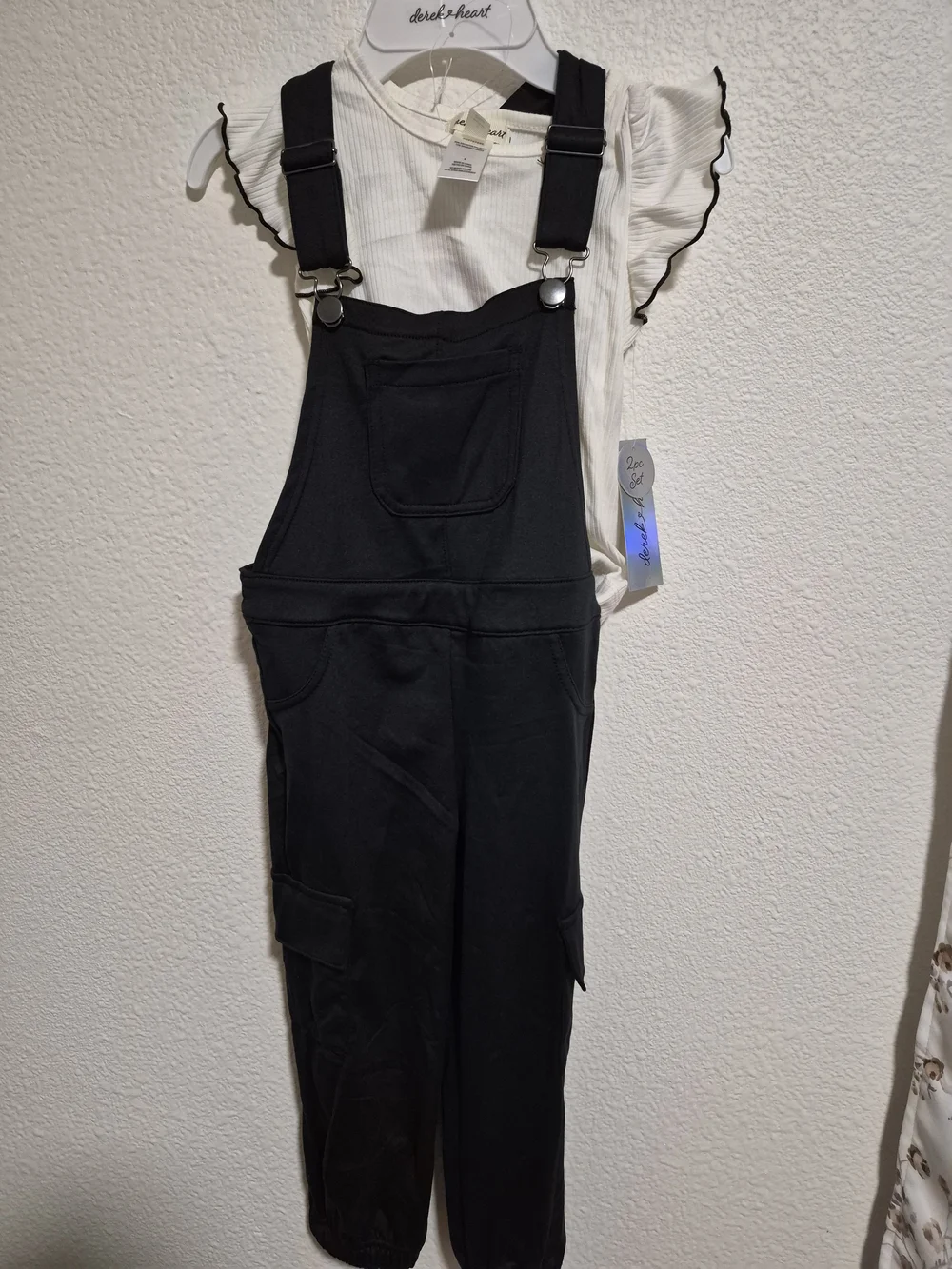 Derek Heart Black Overalls with White Ruffle Sleeve Top - Girls Matching Set